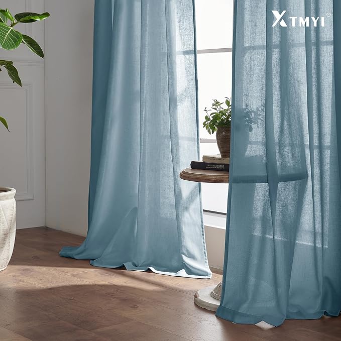XTMYI Stone Blue Curtains 90 Inches Long for Living Room,Light Filtering Country Vintage Hooks Pleated Back Tab Semi Sheer Linen Curtains for Bedroom 2 Panels Set,Dusty Blue