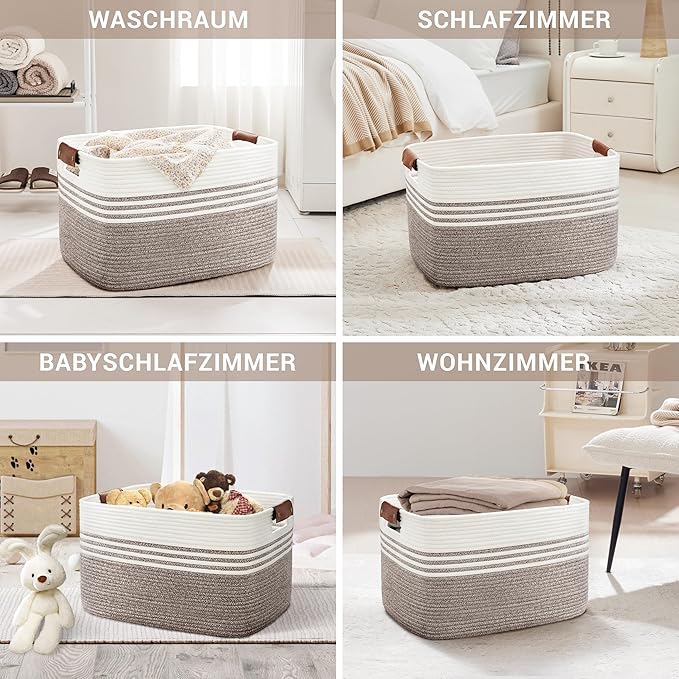 72L Large Laundry Basket with Leather Handles for Living Room Storage, Woven Rope Baskets Bin for Blanket, Kids Toy, Gifts, Wicker Hamper for Bedroom Dirty Clothes, 22"x17"x12" Dark Brown