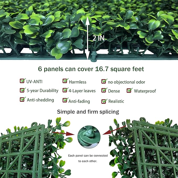 Artificial Grass Wall Panels,20X20 in 6P UV-Anti Greenery Boxwood Panels for Indoor Outdoor Green Wall Decor & Ivy Fence Covering Privacy