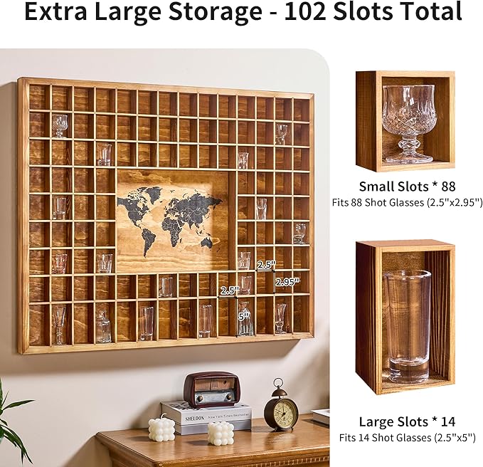 Large World Map Shot Glass Display Case 102 Slots 39.37 X 31.69''Rustic Brown Wood Holder for 2 Different Size Shot Glass in Living Rooms Bars Wine Cellars Used for Jewelry Stones & Shell