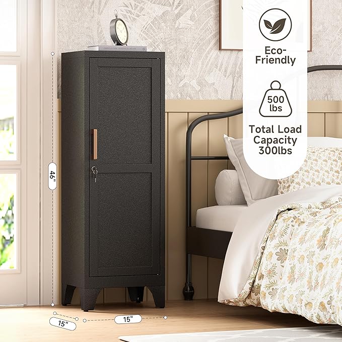 Bestoo Metal Locking Cabinet, 46" H Storage Locker with 1 Magnetic Door and 2 Adjustable Shelves, 3-Tier Black Storage Cabinet for Bathroom, Kitchen, Pantry, Home, Office, Garage
