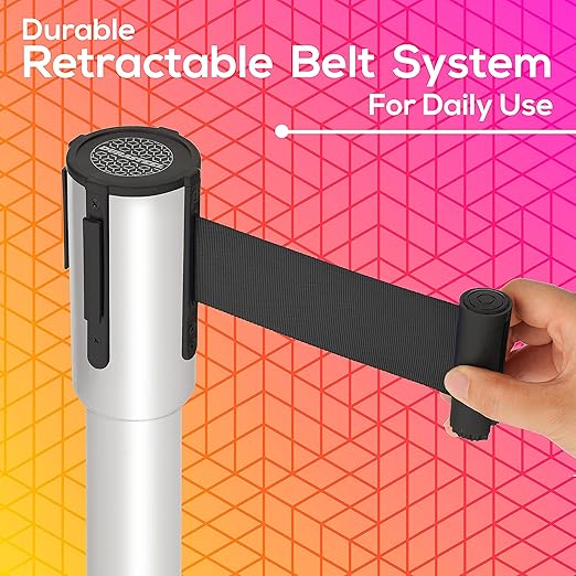 DuraSteel Crowd Control Barriers Line Dividers - Silver Stanchion Stainless Steel Posts with 6.5ft Black Retractable Belt Ropes - for Store Queues, Airport Lines, Event Entries - 2 Set/Pack