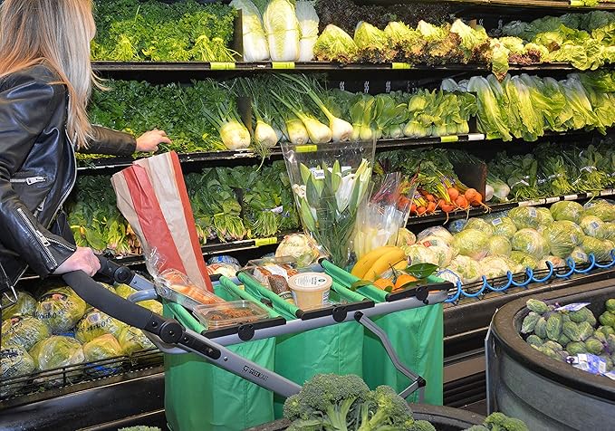 Reusable and Foldable 3 Shopping Bags Easy for Shopping and Carrying Groceries in Store (Silver Frame + 3 Green Baskets)