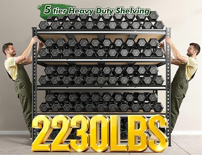 55.1" W Garage Shelves 2230LBS Storage Shelves, 5 Tier Adjustable Metal Shelving, Garage Shelving for Storage, Basement, Warehouse, Pantry, Kitchen, 55.1" W x 24.1" D x 72.1" H, Black, 2 Pack