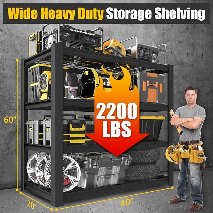 PrimeZone Heavy Duty Garage Shelving 2200 LBS 4 Tier Heavy Duty Storage Shelves Adjustable Industrial Metal Wire Shelf Unit for Garage,Basement,Pantry,Warehouse,Commercial,40" W X 20" D X 60" H 4Pack
