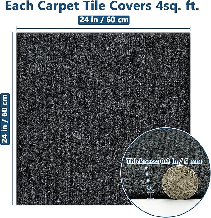 Carpet Tiles Peel and Stick 24” x 24”, Self Adhesive Soft Padded Flooring Stickers, Dark Gray Home Decor for Bedroom Living Room Office, 10 Tiles & 40 sq ft per Box