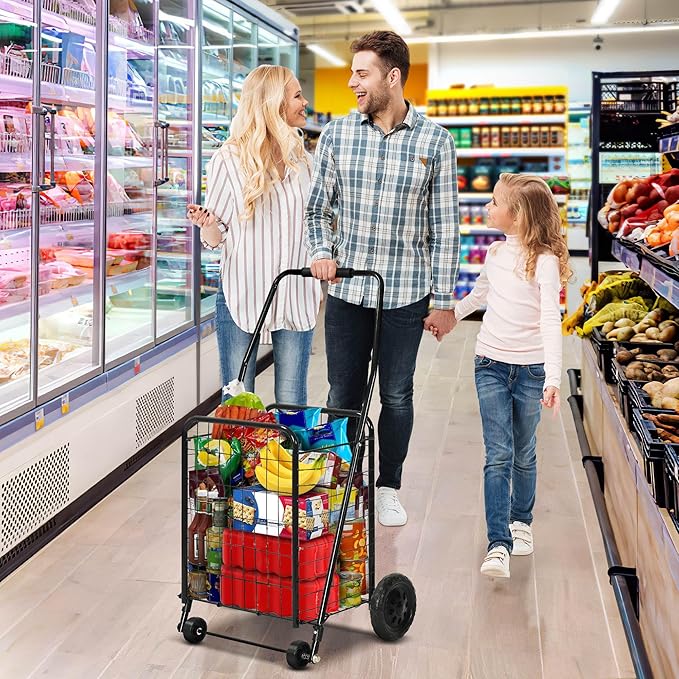 DWVO Folding Shopping Cart with Wheels, Rolling Foldable Grocery Cart for Seniors, Portable Collapsible Utility Cart for Shopping Groceries Laundry Stair Climbing Storage