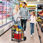 DWVO Folding Shopping Cart with Wheels, Rolling Foldable Grocery Cart for Seniors, Portable Collapsible Utility Cart for Shopping Groceries Laundry Stair Climbing Storage