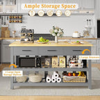 60" Solid Rubberwood Kitchen Island with Power Outlets - Extra Large Work Surface, 3 Drawers & 2 Open Shelves Storage Cabinet for Kitchen Dining Room, Farmhouse Style (Grey)