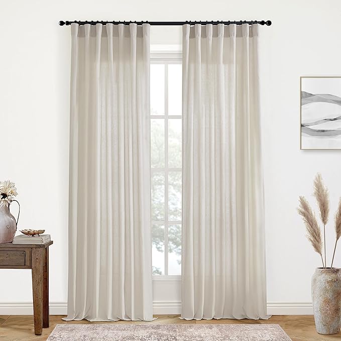 XTMYI Oatmeal 100 Inches Long Country Curtains for Living Room,Sheer Linen Curtains for Bedroom,50 Inches Wide