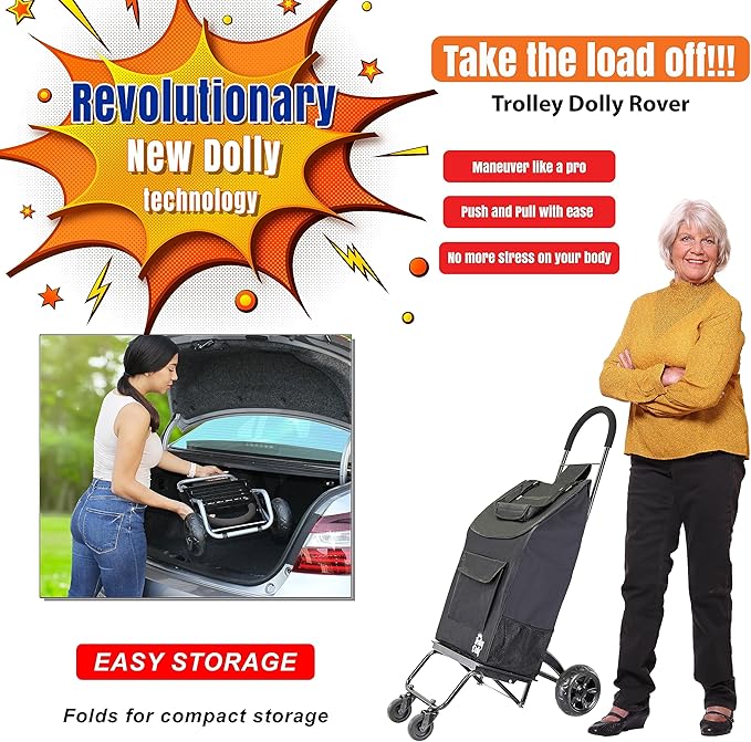 dbest Products Trolley Dolly Rover with Bag, 4 Wheeled Grocery Shopping Cart Push Folding Utility Hand Truck Swivel Wheels Garden Lightweight Luggage Carrito de Compras Plegable