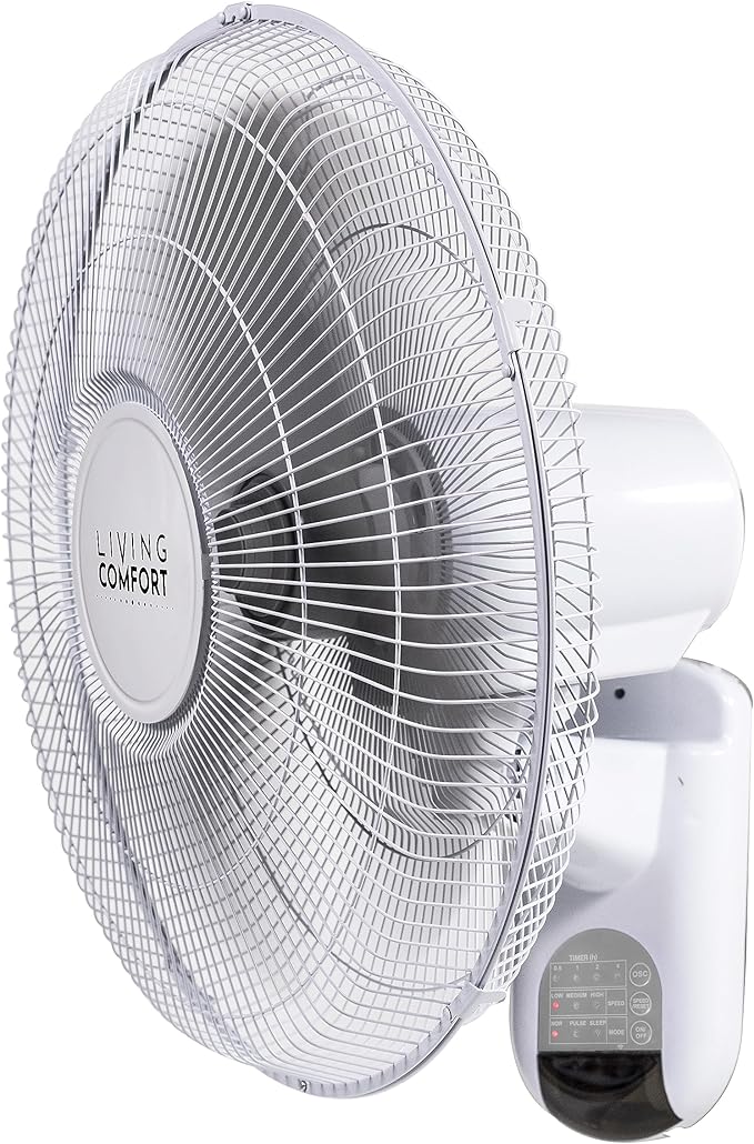 Comfort Zone Oscillating Wall Mount Fan with Adjustable Vertical Tilt, 16 inch, 3 Speed, Metal Grille, 90 Degree Oscillation, 3 Modes: Normal, Pulse, and Sleep, 4H Timer, & Wi-Fi App Control, White