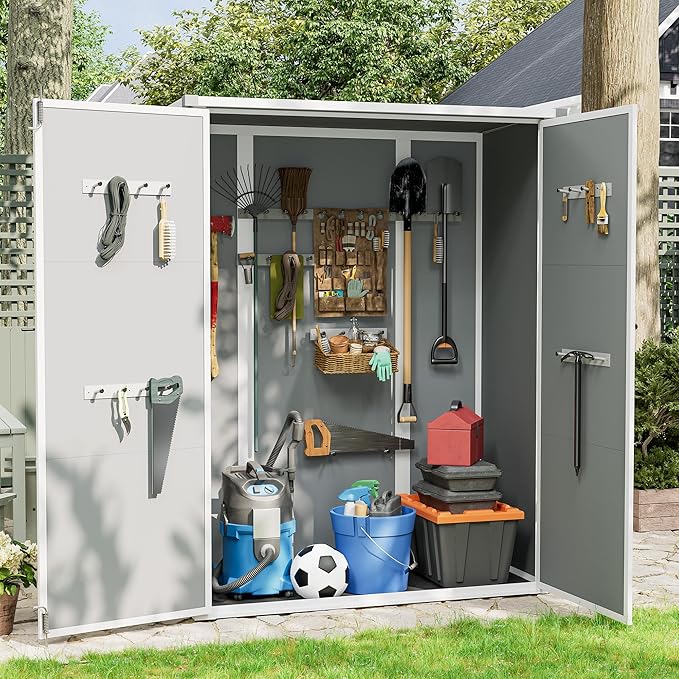 UDPATIO 38 Cu.ft Vertical Storage Shed, 4.3 ft x 5.6 ft Resin Outdoor Shed Waterproof Plastic Storage Cabinet for Garden, Backyard, Lawn, Grey