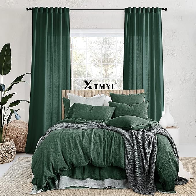 XTMYI Dark Green Curtains for Bathroom Set Decor,Linen Sheer Leaf Green Boho Curtains for Kitchen 63 Inch Length 2 Panels,Deep Pine