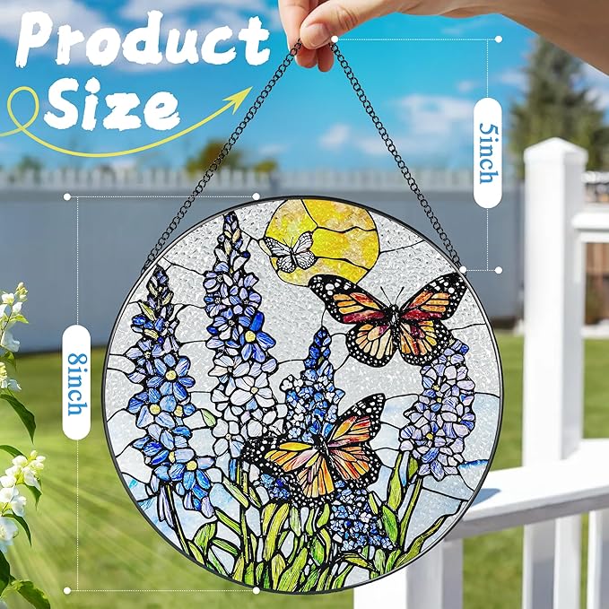 Stained Glass Window Hanging, 8 Inch Lavender & Butterfly Sun Catcher Decor, Stained Glass Ornament, Suncatchers for Windows Hanging, Window Decor, Gifts for Butterfly Lovers, Flower Lovers Gifts