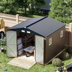 Breezz Outdoor Storage Shed 10 x 10ft. Utility Tool Shed Metal Storage Garden Shed with Lockable Doors, Windows & Metal Frame Floor for Patio Storage,Brown