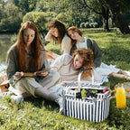 Tirrinia Large Insulated Picnic Basket, 34L Water Resistant & Leakproof Collapsible Portable Cooler Basket Set with Aluminium Handle for Travel, with a Free Foldable Grocery Bag, Strip