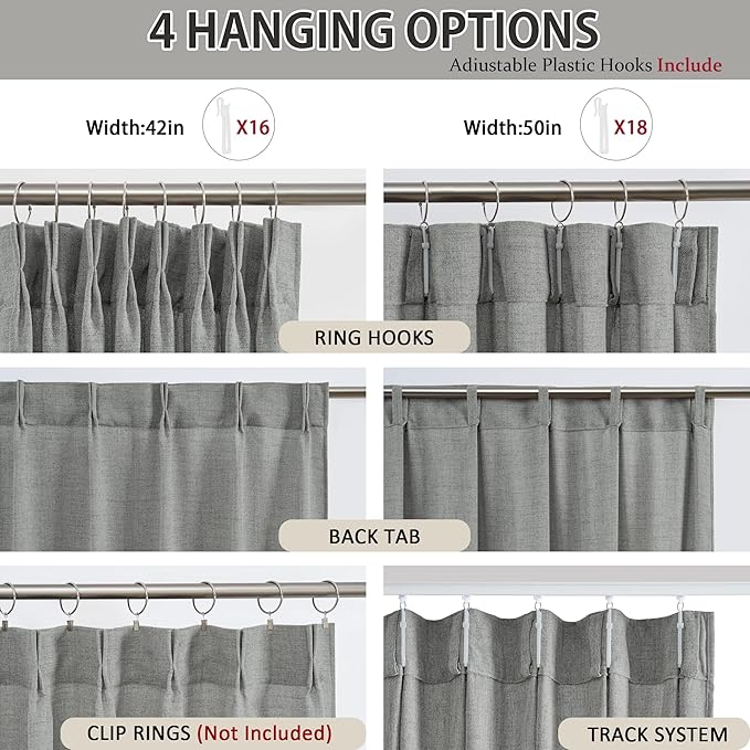 RAIN CITY Grey Linen Curtains 72 Inches Long Pinch Pleated with Hooks 2 Panels, Semi Sheer Textured Light Filtering Window Drapes for Bedroom Back Tab 42x72-in