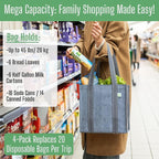 VENO 2-4 Pack Reusable Grocery shopping Bags, Small Tote Bag w/Handle Hard Bottom, Heavy Duty, Foldable Carrier