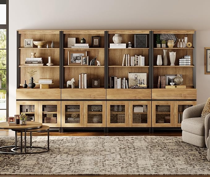 WAMPAT 4 PCS Modern 72" Tall Bookcase with 4 Drawers and Open Book Shelfs, Library Book Shelf with Storage Cabinet and Glass Doors, Wood Freestanding Bookshelves for Home Office, Living Room, Oak