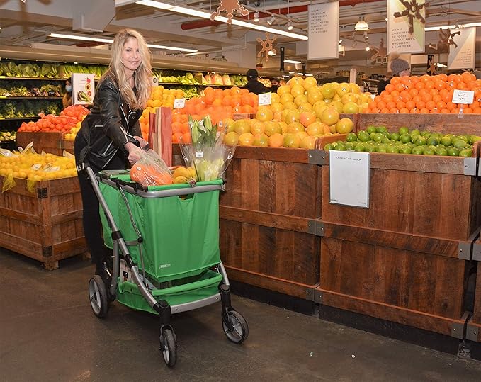 GreenCart Lightweight Cart with Reusable and Foldable 3 Bags Easy for Shopping and Carrying Groceries in Store (Black Frame + 3 Green Baskets)
