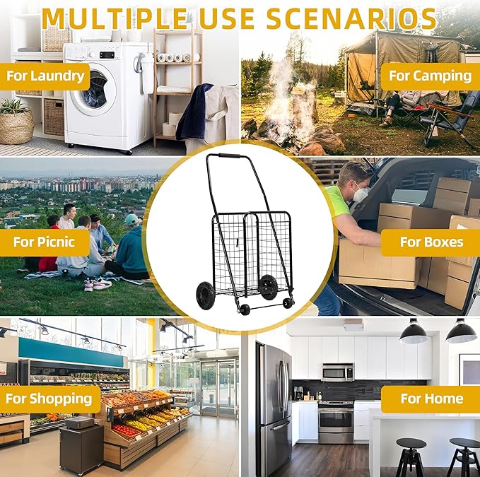 DWVO Folding Shopping Cart with Wheels, Rolling Foldable Grocery Cart for Seniors, Portable Collapsible Utility Cart for Shopping Groceries Laundry Stair Climbing Storage