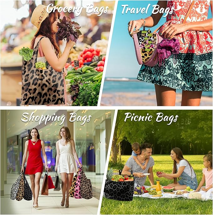 BeeGreen Leopard Print Reusable Grocery Bags 6 Pack, Heavy Duty Totes for Women, Foldable Grocery Bag Large Shopping Totes with Handles for Work, Travel, Gift, Polyester Washable Reusable Tote Bag