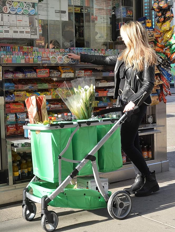 GreenCart Lightweight Cart with Reusable and Foldable 3 Shopping Bags Easy for Shopping and Carrying Groceries in Store (Black Frame + 3 Blue Baskets)