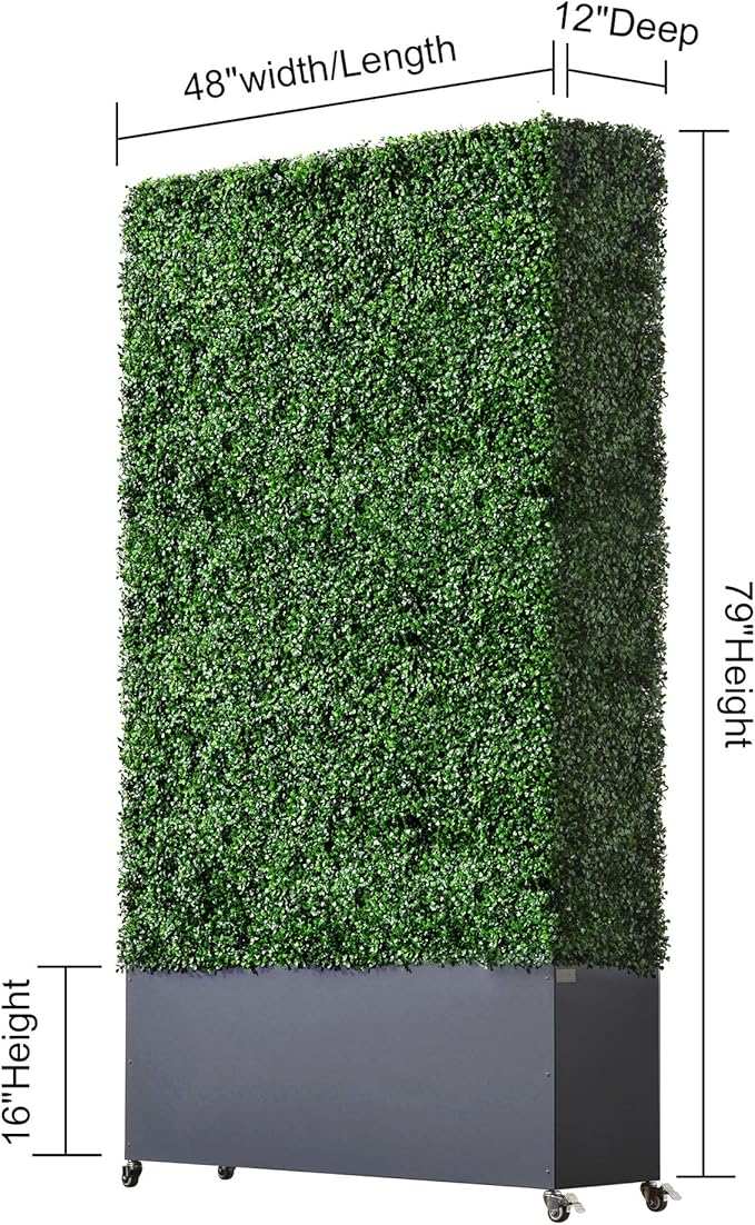 AGPL Artificial Hedge Wall with Dark Gray Color Stainless Steel Planter Box and Caster. Moveable Privacy Decorative Wall 48" W x12“D x 82“H …