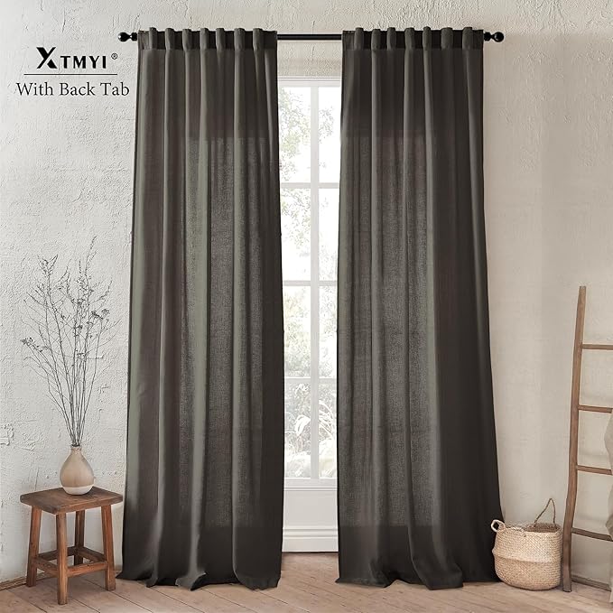 XTMYI Brown Linen Sheer Curtains for Living Room,Pleated Back Tab Light Filtering Curtain Drapes 90 Inches Long 2 Panels Set
