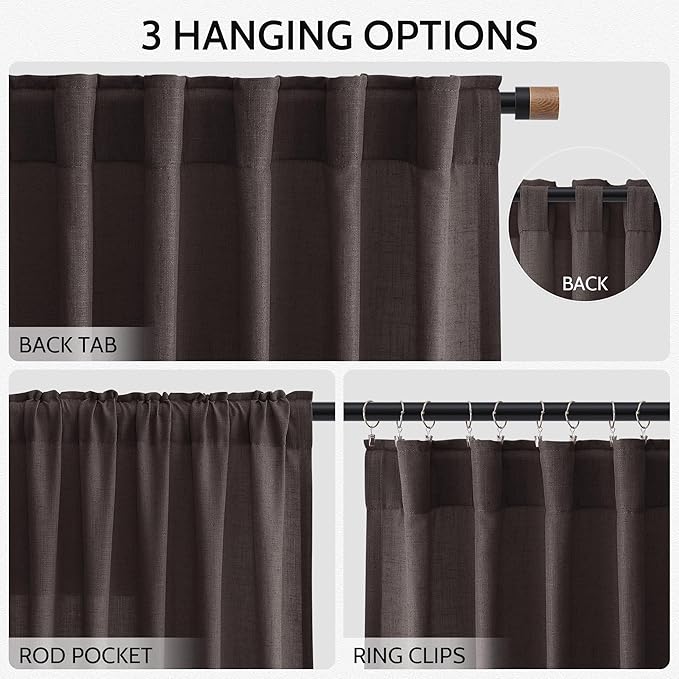 Nanspring Cocoa Coffee Linen Blend Light Filtering Back Tab Curtains 84 Inches Long, Semi Sheer Privacy Drapes for Living Room & Bedroom Simple Style, 52x84 inch, 2 Panels
