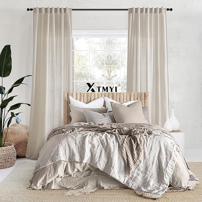 XTMYI Oatmeal Beige Back Tab/Hook Belt Linen Cotton Sheer Curtains 63 Inch Length for Bedroom Living Room