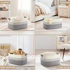 60L Large Laundry Basket with Leather Handles for Living Room Storage, Woven Rope Baskets Bin for Blanket, Kids Toy, Gifts, Wicker Hamper for Bedroom Dirty Clothes, 21"x15"x11" White Grey
