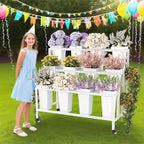Flower Display Stand with 12 Buckets & Wheels – 3-Tier Mobile Flower Cart, White Metal Flower Bar for Weddings, Florist Shops, Patio, Garden & Home