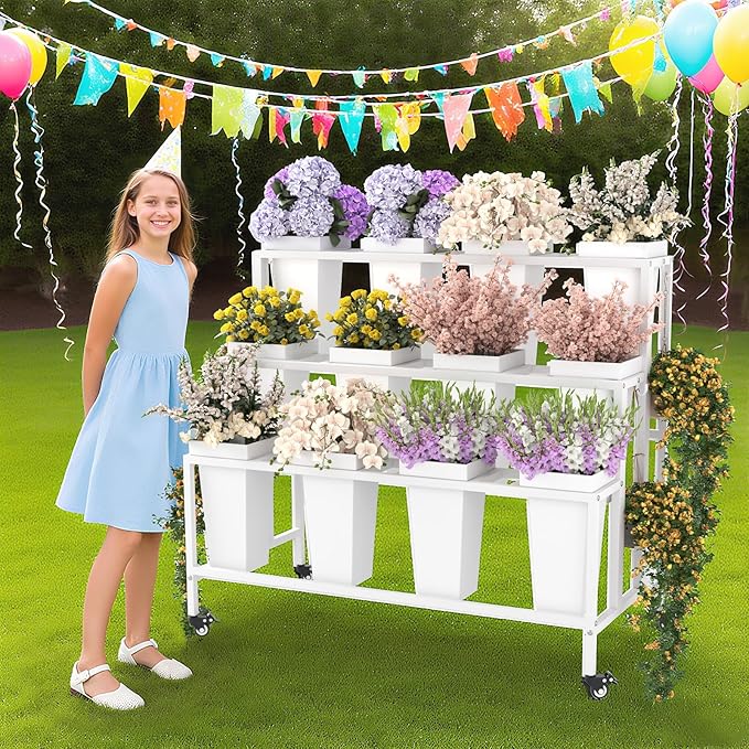 Flower Display Stand with 12 Buckets & Wheels – 3-Tier Mobile Flower Cart, White Metal Flower Bar for Weddings, Florist Shops, Patio, Garden & Home