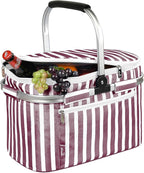 Tirrinia Large Insulated Picnic Basket, 34L Water Resistant & Leakproof Collapsible Portable Cooler Basket Set with Aluminium Handle for Travel, with a Free Foldable Grocery Bag, Wine Stripe