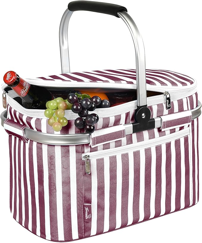 Tirrinia Large Insulated Picnic Basket, 34L Water Resistant & Leakproof Collapsible Portable Cooler Basket Set with Aluminium Handle for Travel, with a Free Foldable Grocery Bag, Wine Stripe