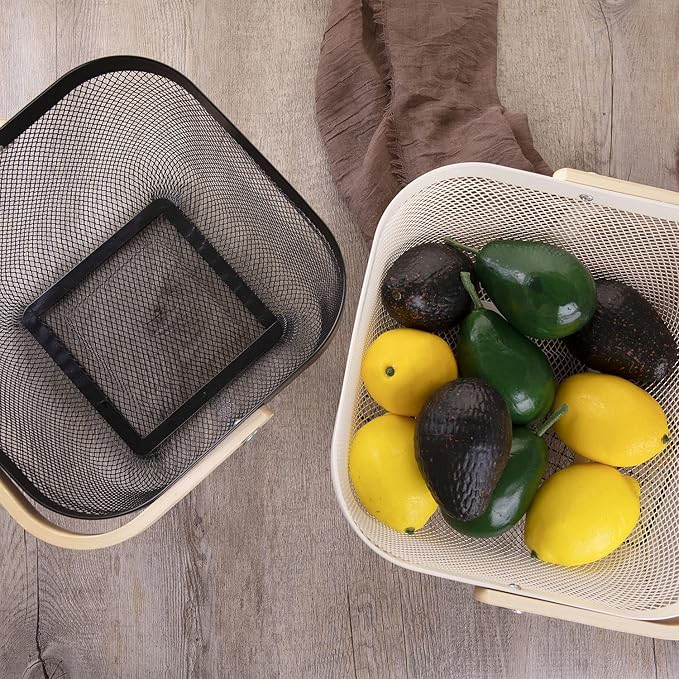 IBWell Square Metal Wire Woven Fruit Storage Bowl Basket with Wooden Handle, Large Black Mesh Fruit Stand, Multi-function Hanging Kitchen Baskets (White, Normal 4PCS)