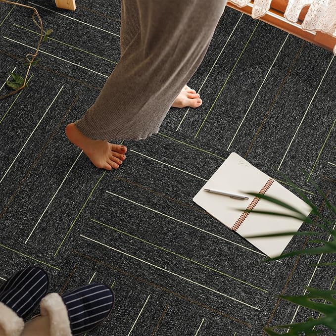 24 * 24in Self-Adhesive Carpet Tiles, Peel and Stick Floor Squares for Home Office, Removable Decorative Rug Mat, Easy Install, Sound Absorbing (10Pcs Dark Grey)