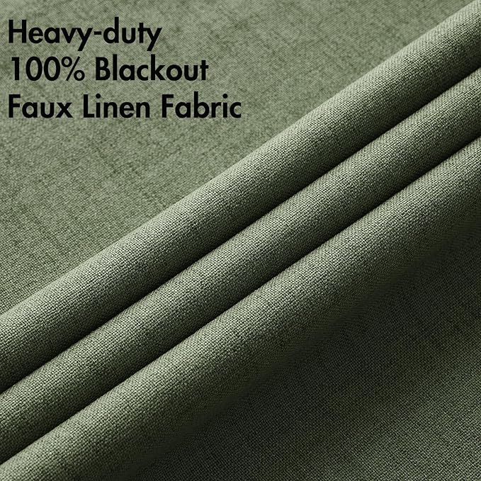 MIULEE 100% Blackout Linen Textured Curtains for Bedroom Solid Thermal Insulated Olive Green Grommet Room Darkening Curtains & Drapes Luxury Decor for Living Room Nursery 52 x 108 Inch (2 Panels)
