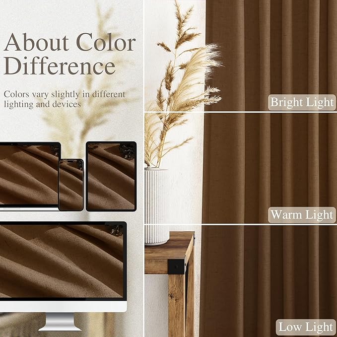 Tobacco Brown Linen Curtains 96 Inches Long for Living Room Rod Back Tab Vintage Rustic Farmhouse Cotton Textured Light Filtering Curtain 96 Inch Length for Dinning Room Bedroom 52x96