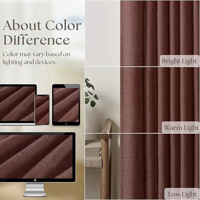 Brick Brown Pinch Pleated Linen Curtains 90 Inches Long for Living Room Bedroom 2 Panels Light Filtering Pinch Pleat Hooks Rings Back Tab Red Chestnut Country Farmhouse 90 Inch Window Curtain Drapes