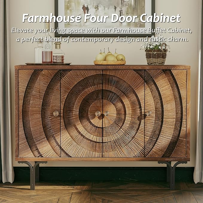 Farmhouse 4-Door Storage Cabinet, Accent Sideboard Buffet Cabinet with Circle Pattern and Radioactive Wood Lines, for Living Room, Dining Room, Bedroom, Brown