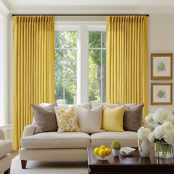 Extra Long Mustard Yellow Linen Curtains 120 Inches Long Gold Yellow Funky Farmhouse Rustic Curtain Light Filtering Semi Sheer Back Tab Pinch Pleat Curtain for Tall Ceiling Living Room 2 Panels