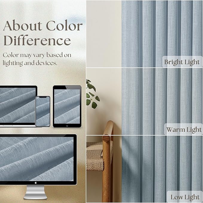 Blue Grey 90 Inch Linen Curtains Pinch Pleated for Living Room Bedroom Dining Boho Coastal Light Filtering Pinch Pleat Drapes Hooks Rings Back Tab Semi Sheer Dusty Blue Window Curtains 2 Panels