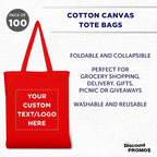 DISCOUNT PROMOS Custom Cotton Canvas Tote Bags Set of 100, Personalized Bulk Pack - Reusable, Great for Shopping, Grocery, Beach, Picnic, Wedding Favors - Red