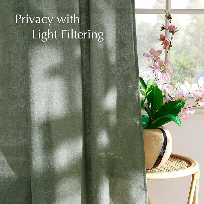 NICETOWN Thick Linen Blend Semi Sheer Forest Green Curtains, Pleat Tape Privacy Added Drapes with Light Filtering Window Treatments for Bedroom/Living Room, W52 x L108, 2 Panels