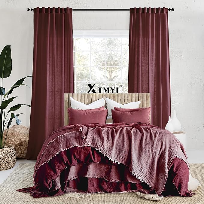 XTMYI Dark Red Burgundy Curtains 63 Inch Length for Dining Room Kitchen Window,2 Panels Light Filtering Semi Privacy Linen Sheer Curtain for Bedroom