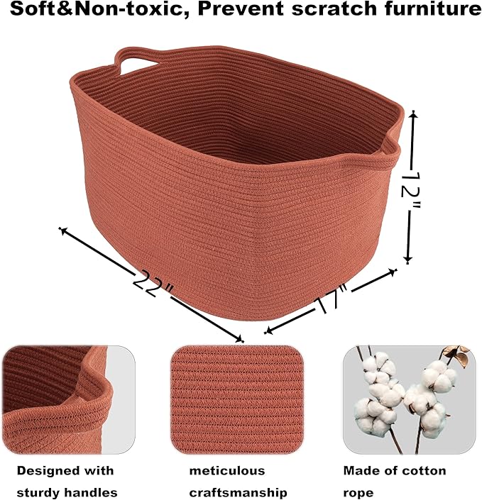 Large Rectangle Blankets Basket Living Room 22"x17"x12" Woven Cotton Rope Storage Baskets for Nursery Toy Baskets for Kids and Dogs Wicker Laundry Basket Bin for Clothes Towels rustic
