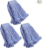 String Mop Heads Replacement Heavy Duty Commercial Grade Blue Cotton Looped End Wet Industrial Cleaning Mop Head Refills (3, Medium)